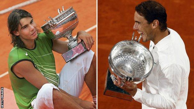 A young Rafael Nadal poses with the trophy after winning his first French Open in 2005 and again after his 13th title in 2020