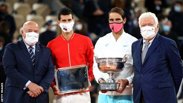 Novak Djokovic and Rafael Nadal at trophy presentation