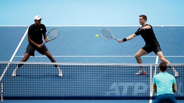 Rajeev Ram and Joe Salisbury during their ATP Finals group match against Kevin Krawietz and Andreas Mies