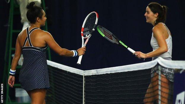 Heather Watson and Jodie Burrage after their match at the Battle of the Brits