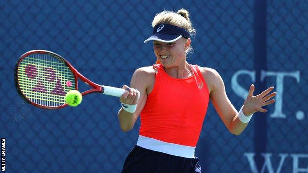 British tennis player Harriet Dart hits a forehand shot