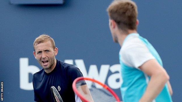 Dan Evans and Neal Skupski celebrate in their Miami Open semi-final