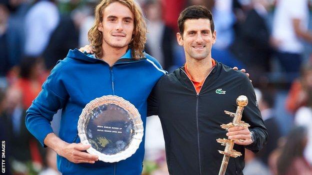 Novak Djokovic (right) and Stefanos Tsitsipas