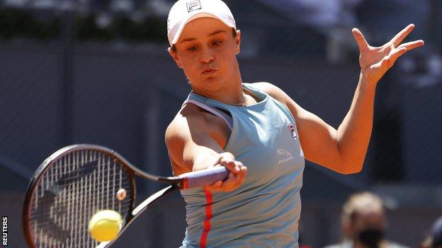 Ashleigh Barty hits a return in her Madrid Open semi-final