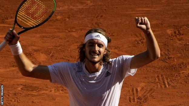 Stefanos Tsitsipas celebrates beating Alexander Zverev in the French Open semi-finals