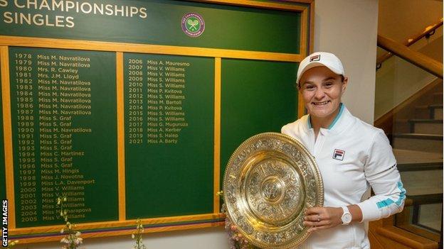 Ashleigh Barty holds the Wimbledon Ladies' Plate